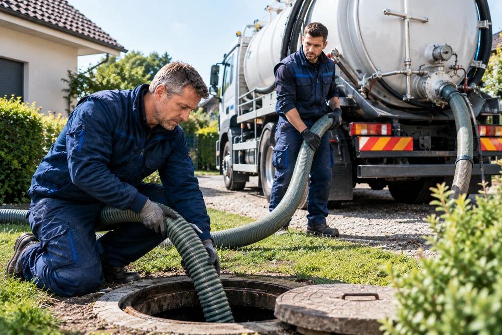 Camion hydrocureur ETS-BZH et son équipe lors d'un pompage sur regard