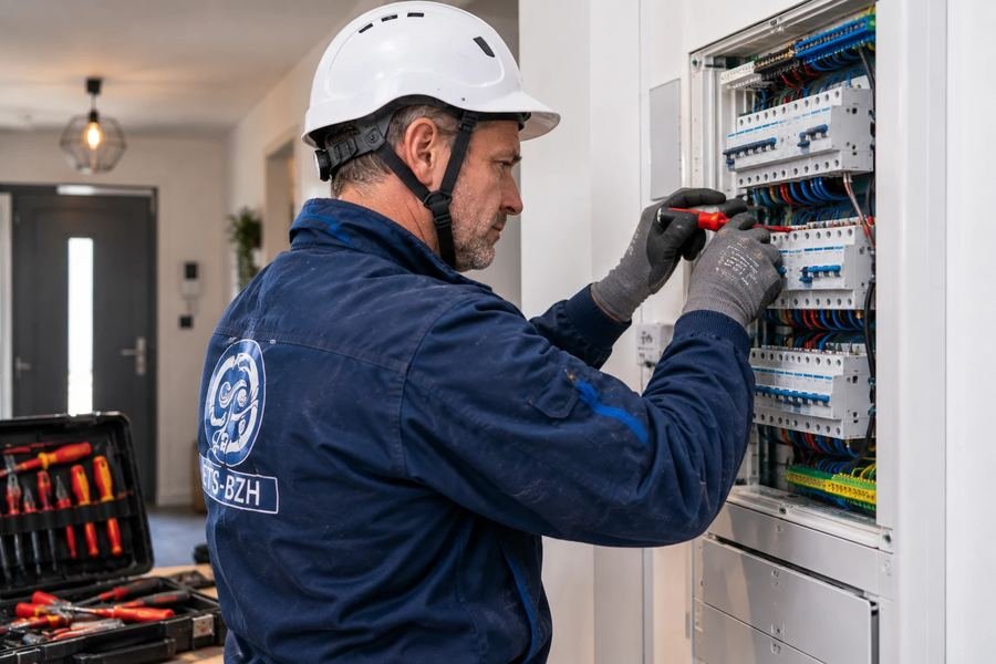 Électricien ETS-BZH intervenant sur un tableau électrique