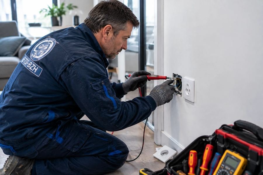 Électricien ETS-BZH contrôlant une prise au multimètre
