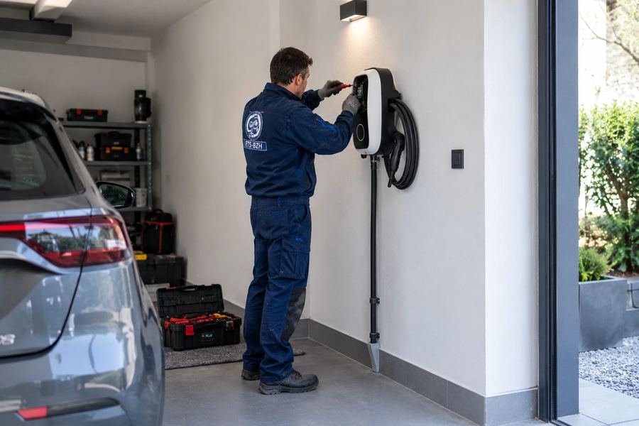 Électricien ETS-BZH posant une borne de recharge pour véhicule électrique